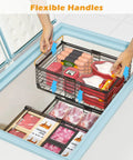 Four Large Expandable Freezer Bins With Easy Grab Handles, Stackable Chest Freezer Organizers For Fridge Deep Freezer Cabinet And Pantry, Ideal For Keeping Frozen Foods Neat And Accessible, Black, shown inside a chest freezer.