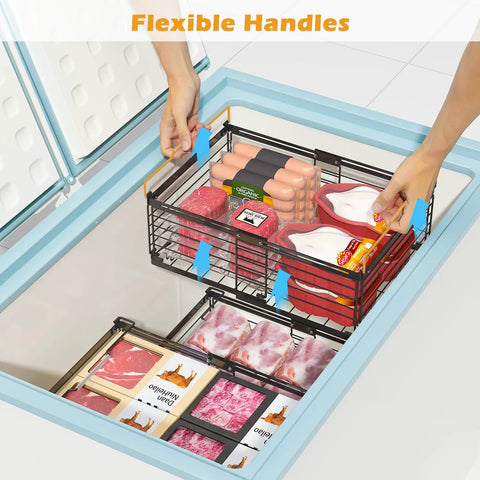Four Large Expandable Freezer Bins With Easy Grab Handles, Stackable Chest Freezer Organizers For Fridge Deep Freezer Cabinet And Pantry, Ideal For Keeping Frozen Foods Neat And Accessible, Black, shown inside a chest freezer.
