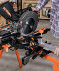 Rock Solid Folding Miter Saw Stand With Quick Three Step Setup And No Sweat Portable Design For Weekend Warrior Woodworking Projects And Ultra Compact Jobsite Storage, close-up of the stationary miter saw.