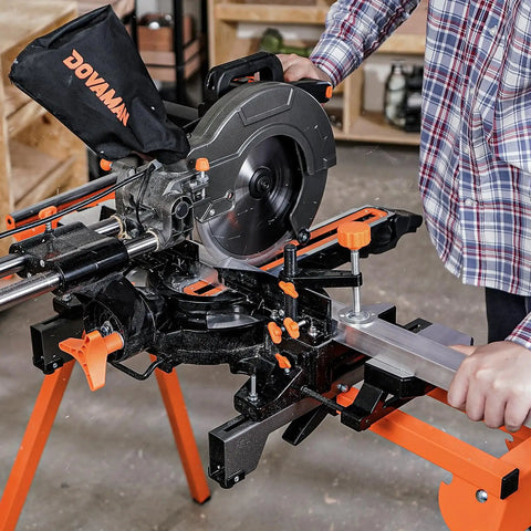 Rock Solid Folding Miter Saw Stand With Quick Three Step Setup And No Sweat Portable Design For Weekend Warrior Woodworking Projects And Ultra Compact Jobsite Storage, close-up of the stationary miter saw.