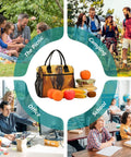 Insulated Lunch Cooler Tote Bag For Outdoor Picnics And Camping, Keeps Food Hot Or Cold, shown in various use scenarios.