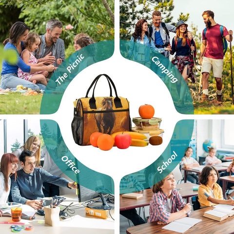 Insulated Lunch Cooler Tote Bag For Outdoor Picnics And Camping, Keeps Food Hot Or Cold, shown in various use scenarios.