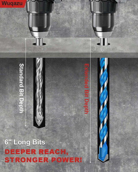 Wuqazu 6-inch masonry drill bits set with carbide hex shanks; front view shows gray standard bit and blue extended bit.