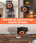 Retractable Extension Cord Reel With 40 Ft Heavy Duty 12 AWG SJTOW Cord, mounted on wall with 180° swivel bracket, UL Listed