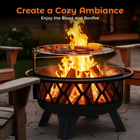 30 Inch Outdoor Fire Pit With Spark Screen And Grill, Portable Wood Burning Patio Heater For Outside Backyards in use