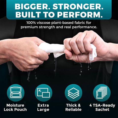 Hands squeezing Body Wipes For Men After Gym No Rinse Shower Sheets Full Body Cleanse 50 XL Wipes Plus 4 Travel Sachets