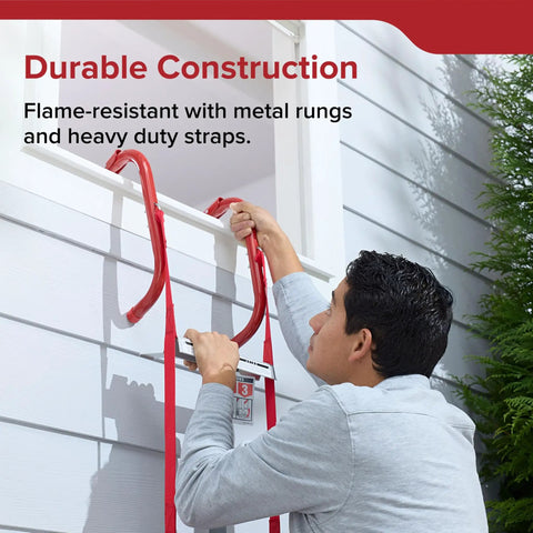 Man installing Two-Story Fire Escape Rope Ladder Extends To 13 Feet Quick Window Attachment For Casement Windows No Assembly Required Flame Resistant And Durable With Anti-Slip Rungs Foldable Emergency Escape Ladder For Home Safety on a casement window with red metal rungs