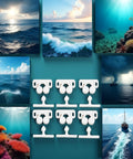 Six Pack Of White Ball Catch Roller Latches For Boat Marine Cupboard Cabinet Doors Heavy Duty Spring Loaded Plastic Hardware on ocean backdrop.