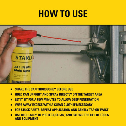 Hand using All In One Rust Defense Spray T240 Corrosion Inhibitor And Rust Remover Aerosol on metal hinge