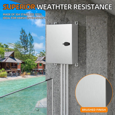 Built Tough 304 Stainless Steel Electrical Enclosure Box IP65 Weatherproof Sealed Housing with quarter turn latch, outdoors.