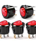 Lighted Round Rocker Switch For Household Appliances, 110 120V AC, SPST On Off, 3 Pin, Red Indicator Light, Built Tough 6A At 250V 10A At 125V, Durable Nylon PA66 Body, Illuminated Boat Toggle Power Switch, shown in black and red, 5-pack