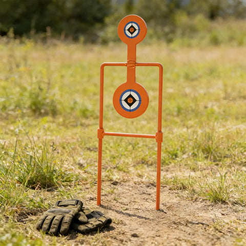 Double Spinner Auto Reset Steel Target For Handguns Up To.44 Magnum With 3.5 Inch And 4.5 Inch Targets For Centerfire Practice At 30 Yards Built Tough For Quick Repeats And Realistic Range Training on grassy field
