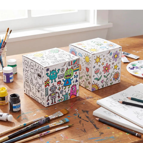 Pack Of 40 5x5x5 White Corrugated Shipping Boxes For Mailing And Packaging decorated with colorful designs on a wooden table