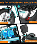 Electric Tricycle For Adults With 3 Wheels And Rear Differential, 500W And 750W Motor, Fat Tires 20x3 And 20x4, Stable And Easy Ride For Seniors, Smooth Control, Powerful Assist, Long Range Battery, suspension fork and wide saddle close-up