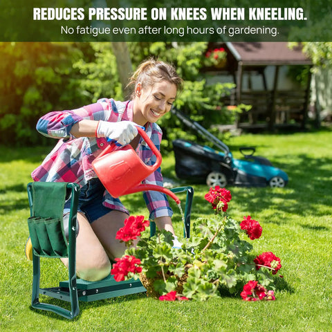 Person using Foldable Garden Kneeler Seat With Handles And Tool Bags, 2 In 1 Grab-And-Go Lightweight Stool for gardening.