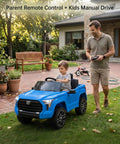 Toyota Tundra Licensed 12V Kids Ride On Truck With Realistic Grille, Brand Logos, And Kid Friendly Functional Pickup Bed, Electric Battery Powered Outdoor Adventure Car For Young Drivers. Blue 12V ride-on truck with parent remote and child driver outdoors.