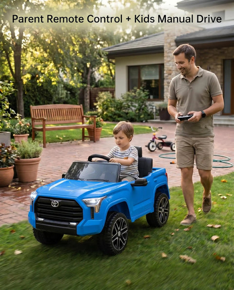Toyota Tundra Licensed 12V Kids Ride On Truck With Realistic Grille, Brand Logos, And Kid Friendly Functional Pickup Bed, Electric Battery Powered Outdoor Adventure Car For Young Drivers. Blue 12V ride-on truck with parent remote and child driver outdoors.