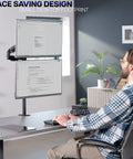 Extra Tall Dual Monitor Stand Swivels Smoothly For Screens Up To 32 Inches, holding two monitors in a small desk space.