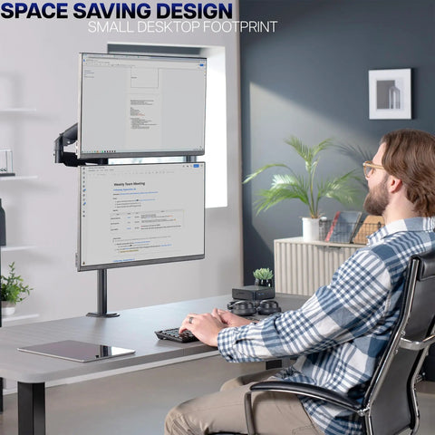 Extra Tall Dual Monitor Stand Swivels Smoothly For Screens Up To 32 Inches, holding two monitors in a small desk space.