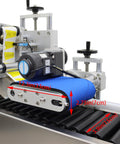 Automatic Desktop Conveyor Roller Labeling Machine For Round Bottles with blue conveyor belt dimensions labeled.