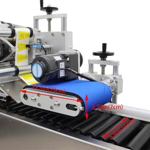 Automatic Desktop Conveyor Roller Labeling Machine For Round Bottles with blue conveyor belt dimensions labeled.
