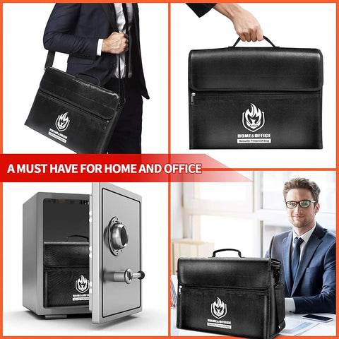 X-Large Thermal Insulated Fireproof Document Bag with Dual Pockets, 17x12x6 inches held and placed in a safe, office desk view.