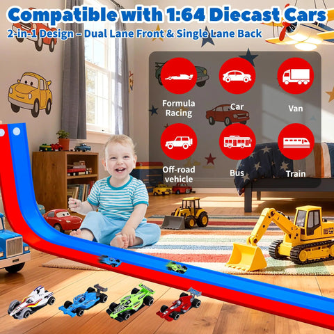 Child playing with Flexible Fifteen Foot Race Car Track Set For Kids With Double Sided Racetrack Suction Cups Portable Roll Up Track Compatible With 1 64 Diecast Cars Indoor Outdoor Toy Gift For Boys And Girls Ages 3 To 7.