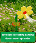 Crazy Daisy Sprinkler Dancing Sunflower Water Sprinkler in garden, bright yellow flower design for lawn and dog play.