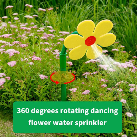 Crazy Daisy Sprinkler Dancing Sunflower Water Sprinkler in garden, bright yellow flower design for lawn and dog play.