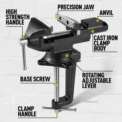 3.3 Inch Bench Vise For Woodworking And Metalworking Heavy Duty Cast Iron Clamp Vise With 360 Degree Swivel Base and annotations
