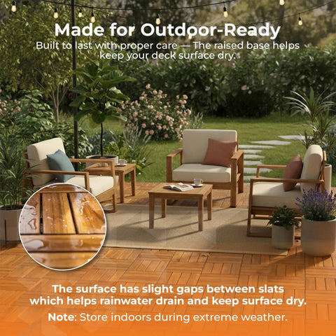 Outdoor patio scene with Interlocking Acacia Deck Tiles For Patios And Walkways, Easy Tool-Free Installation, Raised Base Drainage.