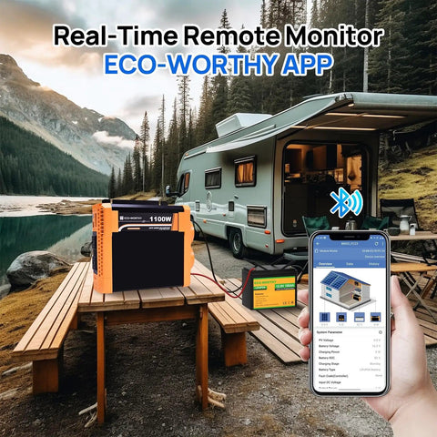 Ultimate RV Solar Starter Kit With 200W Panels, 100Ah Battery, 1100W Inverter, 30A Controller near RV, smartphone app display
