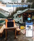 390W 12V One Stop Plug And Play Solar Panel Kit for RVs with inverter and smartphone app near a camper in a scenic location.