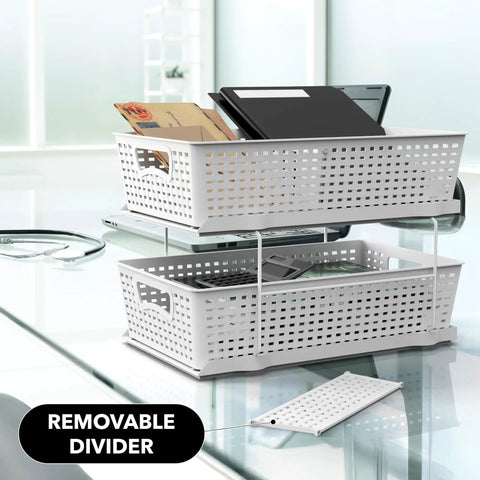 Total Game Changer Slick Sliding Under Sink Organizer With Adjustable Divider And Portable White Baskets For Kitchen Cabinets And Bathroom Vanity No Sweat Storage, stacked baskets on a clear desk.