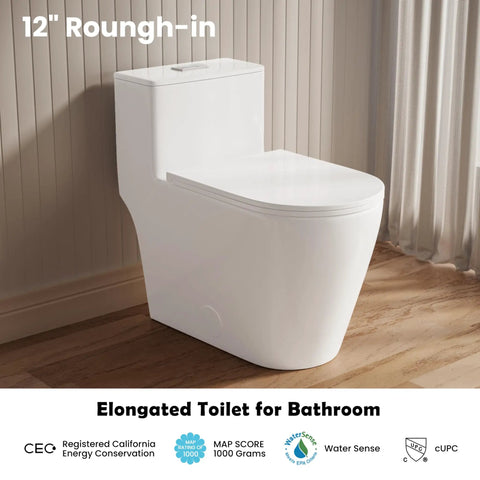 Slick Modern Elongated One Piece Toilet With Skirted Seamless Build And 17 Inch Comfort Chair Height Seat Delivers Knockout Siphon Flush Power For No Fuss Daily Bathroom Upgrades, featuring 12-inch rough-in.