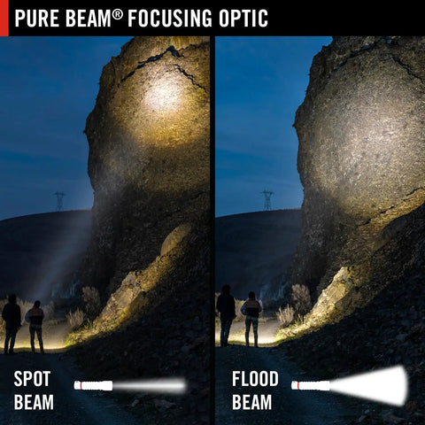 Comparison of HX5 410 Lumen LED Flashlight With Pure Beam Focusing And Slide Focus showing spot beam and flood beam outdoors