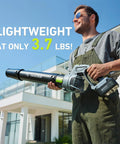 Person holding Cordless Leaf Blower With Swivel Head 550 CFM 150 MPH, Includes Two 4.0Ah Batteries And Charger, Ultra Lightweight 3.7 Lbs