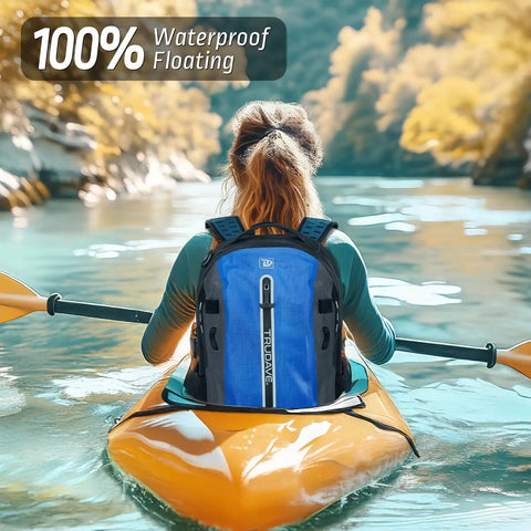 Person kayaking with Floating Waterproof Dry Bag Backpack With Airtight Zipper And TPU Coating For Kayak Fishing Boating And Hiking 30L