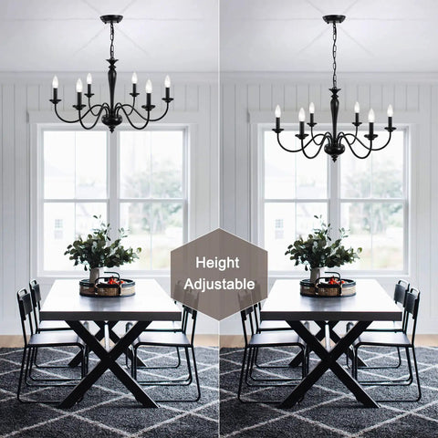 Black 6 Light Farmhouse Chandelier With Rustic Industrial Vibe, height adjustable pendant over a dining room table