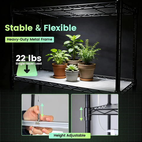 Mini Indoor Greenhouse With 18W T8 Grow Lights And Digital Thermo Hygrometer, metal frame with potted plants and adjustable shelves.
