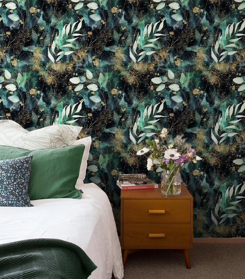 Bedroom with Peel And Stick Wallpaper Boho Forest Vintage Removable Self Adhesive Vinyl Mural Matte Gold Green Black Eco Friendly Ink
