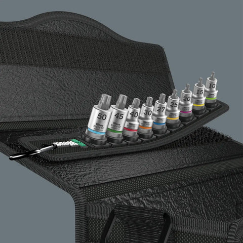 Belt B 3 TORX Bit Socket Set With Holding Function For Screws And Bolts, 3/8 Inch Drive, 9-Piece On A Rugged Textile Belt Displayed