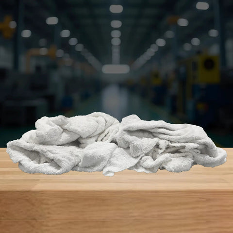 Recycled White Terry Cloth Rags 10 Lb Box High Absorbency Shop Towels in industrial setting