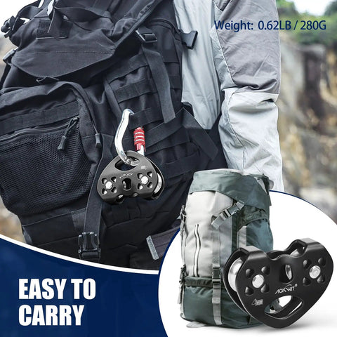 Beefy Heavy Duty Zip Line Pulley 8 To 13mm Climbing Pulley With Durable Aluminum And Stainless Steel Bearings attached to a backpack