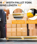 Side view of YINTATECH 92-inch yellow forklift extensions, heavy-duty pallet fork extensions for 4-inch forks, pair