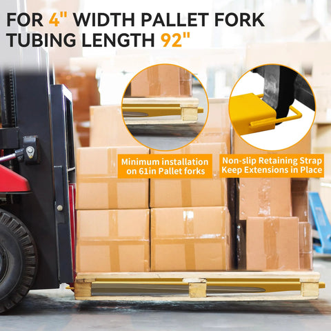 Side view of YINTATECH 92-inch yellow forklift extensions, heavy-duty pallet fork extensions for 4-inch forks, pair