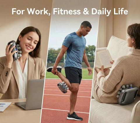 Beast 16 Head Deep Tissue Massager With Heat For Full Body Relief used by people at desk, track, and on couch for relaxation.