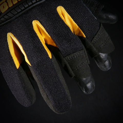Close-up of Framer Carpenter Work Gloves with open finger dexterity, durable reinforced palm, black and yellow design, 1 pair
