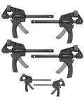 Six Piece Easy To Use One Handed Trigger Clamp Set With Four Inch And Six Inch Clamps In Black And Grey Includes Two Four Inch Clamps And Four Six Inch Clamps Built Tough In Durable Nylon With Hardened Steel Bars And Non Marring Grippy Pads