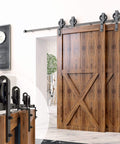 Black Rustic Bypass Sliding Barn Door Hardware Kit for Double Doors 6 Ft Flat Track With Spoke Wheel Rollers installed